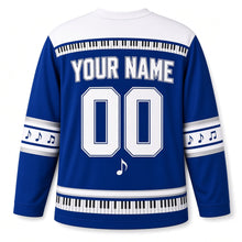 Load image into Gallery viewer, Musical Dreidel Notes Hanukkah Hockey Jersey in Melody Royal Blue, back view with your name and number
