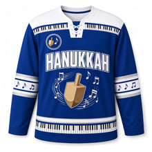 Load image into Gallery viewer, Musical Dreidel Notes Hanukkah Hockey Jersey in Melody Royal Blue, front view – custom name and number
