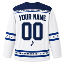 Load image into Gallery viewer, Musical Dreidel Notes Hanukkah Hockey Jersey in Melody White, back view with your name and number