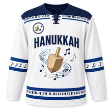 Load image into Gallery viewer, Musical Dreidel Notes Hanukkah Hockey Jersey in Melody White, front view – custom name and number