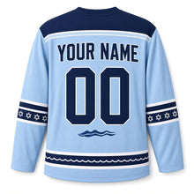 Load image into Gallery viewer, Narwhal Ice Star Hanukkah Hockey Jersey in Narwhal Arctic Blue, back view with your name and number