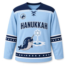 Load image into Gallery viewer, Narwhal Ice Star Hanukkah Hockey Jersey in Narwhal Arctic Blue, front view – custom name and number
