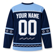 Load image into Gallery viewer, Narwhal Ice Star Hanukkah Hockey Jersey in Narwhal Navy, back view with your name and number