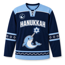 Load image into Gallery viewer, Narwhal Ice Star Hanukkah Hockey Jersey in Narwhal Navy, front view – custom name and number
