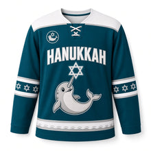 Load image into Gallery viewer, Narwhal Ice Star Hanukkah Hockey Jersey in Narwhal Teal, front view – custom name and number