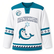 Load image into Gallery viewer, Narwhal Ice Star Hanukkah Hockey Jersey in Narwhal Ice White, front view – custom name and number