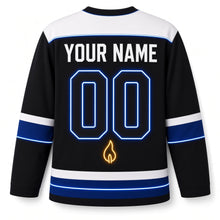 Load image into Gallery viewer, Neon Menorah Sign Hanukkah Hockey Jersey in Neon Night Black, back view with your name and number