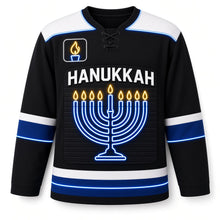 Load image into Gallery viewer, Neon Menorah Sign Hanukkah Hockey Jersey in Neon Night Black, front view – custom name and number