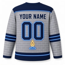 Load image into Gallery viewer, Neon Menorah Sign Hanukkah Hockey Jersey in Neon Brick Grey, back view with your name and number