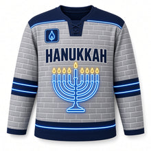 Load image into Gallery viewer, Neon Menorah Sign Hanukkah Hockey Jersey in Neon Brick Grey, front view – custom name and number