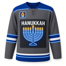 Load image into Gallery viewer, Neon Menorah Sign Hanukkah Hockey Jersey in Neon Charcoal, front view – custom name and number