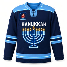 Load image into Gallery viewer, Neon Menorah Sign Hanukkah Hockey Jersey in Neon Deep Navy, front view – custom name and number