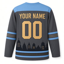 Load image into Gallery viewer, Night Skyline Windows Hanukkah Hockey Jersey in Skyline Charcoal, back view with your name and number