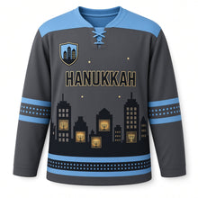 Load image into Gallery viewer, Night Skyline Windows Hanukkah Hockey Jersey in Skyline Charcoal, front view – custom name and number