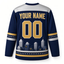 Load image into Gallery viewer, Night Skyline Windows Hanukkah Hockey Jersey in Skyline Indigo, back view with your name and number