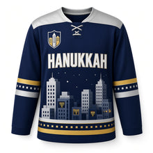 Load image into Gallery viewer, Night Skyline Windows Hanukkah Hockey Jersey in Skyline Indigo, front view – custom name and number