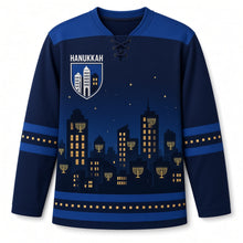 Load image into Gallery viewer, Night Skyline Windows Hanukkah Hockey Jersey in Skyline Night Navy, front view – custom name and number
