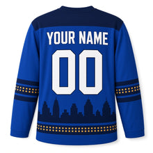 Load image into Gallery viewer, Night Skyline Windows Hanukkah Hockey Jersey in Skyline Royal, back view with your name and number