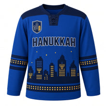Load image into Gallery viewer, Night Skyline Windows Hanukkah Hockey Jersey in Skyline Royal, front view – custom name and number