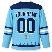 Load image into Gallery viewer, Octopus Dreidel Juggler Hanukkah Hockey Jersey in Octopus Aqua, back view with your name and number