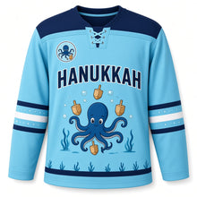 Load image into Gallery viewer, Octopus Dreidel Juggler Hanukkah Hockey Jersey in Octopus Aqua, front view – custom name and number