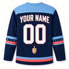 Load image into Gallery viewer, Octopus Dreidel Juggler Hanukkah Hockey Jersey in Octopus Navy, back view with your name and number