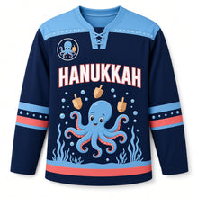 Load image into Gallery viewer, Octopus Dreidel Juggler Hanukkah Hockey Jersey in Octopus Navy, front view – custom name and number