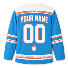 Load image into Gallery viewer, Octopus Dreidel Juggler Hanukkah Hockey Jersey in Octopus Ocean Blue, back view with your name and number