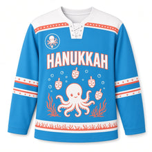 Load image into Gallery viewer, Octopus Dreidel Juggler Hanukkah Hockey Jersey in Octopus Ocean Blue, front view – custom name and number