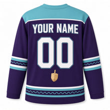 Load image into Gallery viewer, Octopus Dreidel Juggler Hanukkah Hockey Jersey in Octopus Purple, back view with your name and number