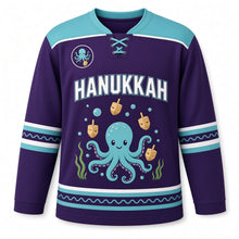 Load image into Gallery viewer, Octopus Dreidel Juggler Hanukkah Hockey Jersey in Octopus Purple, front view – custom name and number