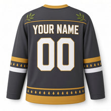 Load image into Gallery viewer, Olive Oil Drop Flame Hanukkah Hockey Jersey in Droplet Charcoal, back view with your name and number