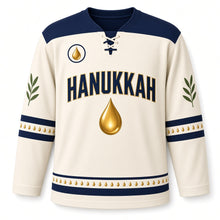 Load image into Gallery viewer, Olive Oil Drop Flame Hanukkah Hockey Jersey in Droplet Ivory, front view – custom name and number