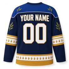 Load image into Gallery viewer, Olive Oil Drop Flame Hanukkah Hockey Jersey in Droplet Navy, back view with your name and number