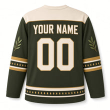 Load image into Gallery viewer, Olive Oil Drop Flame Hanukkah Hockey Jersey in Droplet Olive, back view with your name and number