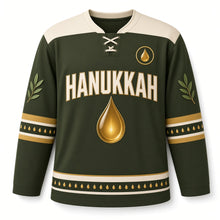 Load image into Gallery viewer, Olive Oil Drop Flame Hanukkah Hockey Jersey in Droplet Olive, front view – custom name and number