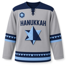 Load image into Gallery viewer, Origami Star Fold Hanukkah Hockey Jersey in Origami Ash Grey, front view – custom name and number