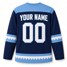 Load image into Gallery viewer, Origami Star Fold Hanukkah Hockey Jersey in Origami Indigo, back view with your name and number