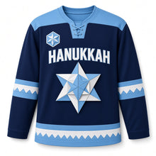 Load image into Gallery viewer, Origami Star Fold Hanukkah Hockey Jersey in Origami Indigo, front view – custom name and number