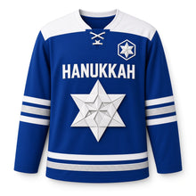 Load image into Gallery viewer, Origami Star Fold Hanukkah Hockey Jersey in Origami Royal Fold, front view – custom name and number