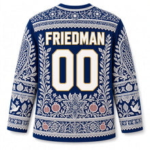 Load image into Gallery viewer, Papercut Lace Hanukkah Hockey Jersey in Lapis Blue, back view with your name and number