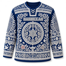 Load image into Gallery viewer, Papercut Lace Hanukkah Hockey Jersey in Lapis Blue, front view – custom name and number