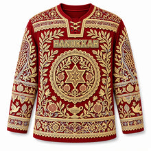 Load image into Gallery viewer, Papercut Lace Hanukkah Hockey Jersey in Pomegranate Red, front view – custom name and number