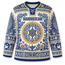 Load image into Gallery viewer, Papercut Lace Hanukkah Hockey Jersey in Parchment Ivory, front view – custom name and number