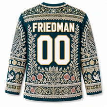 Load image into Gallery viewer, Papercut Lace Hanukkah Hockey Jersey in Deep Teal, back view with your name and number