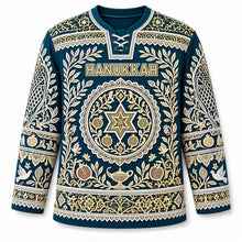 Load image into Gallery viewer, Papercut Lace Hanukkah Hockey Jersey in Deep Teal, front view – custom name and number