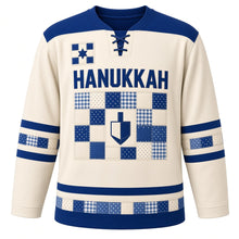Load image into Gallery viewer, Patchwork Quilt Dreidel Hanukkah Hockey Jersey in Quilt Cream, front view – custom name and number