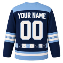 Load image into Gallery viewer, Patchwork Quilt Dreidel Hanukkah Hockey Jersey in Quilt Navy, back view with your name and number