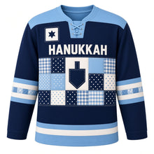 Load image into Gallery viewer, Patchwork Quilt Dreidel Hanukkah Hockey Jersey in Quilt Navy, front view – custom name and number