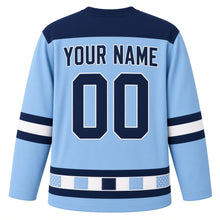 Load image into Gallery viewer, Patchwork Quilt Dreidel Hanukkah Hockey Jersey in Quilt Sky, back view with your name and number